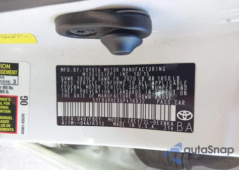 2016 Toyota Corolla Le from USA, damaged, VIN 5YFBURHEXGP416932